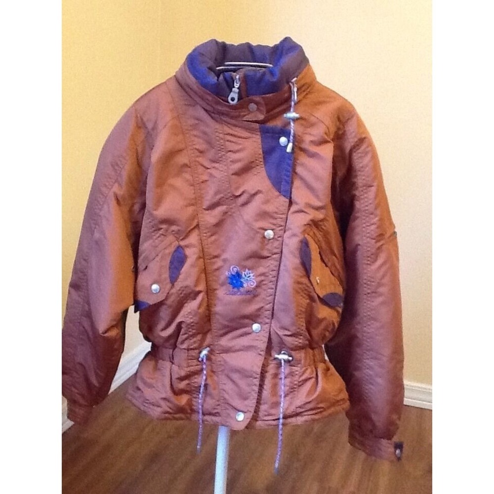 Nevica Womens Ski‎ Jacket Snowboarding Sz 8 Bronze Brown Purple Embroidery EUC